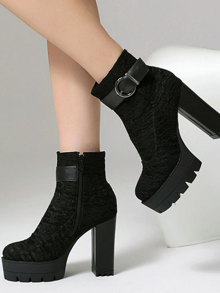 Vintage Lace Chunky Heel Platform Ankle Boots - vintage shoes, retro heels