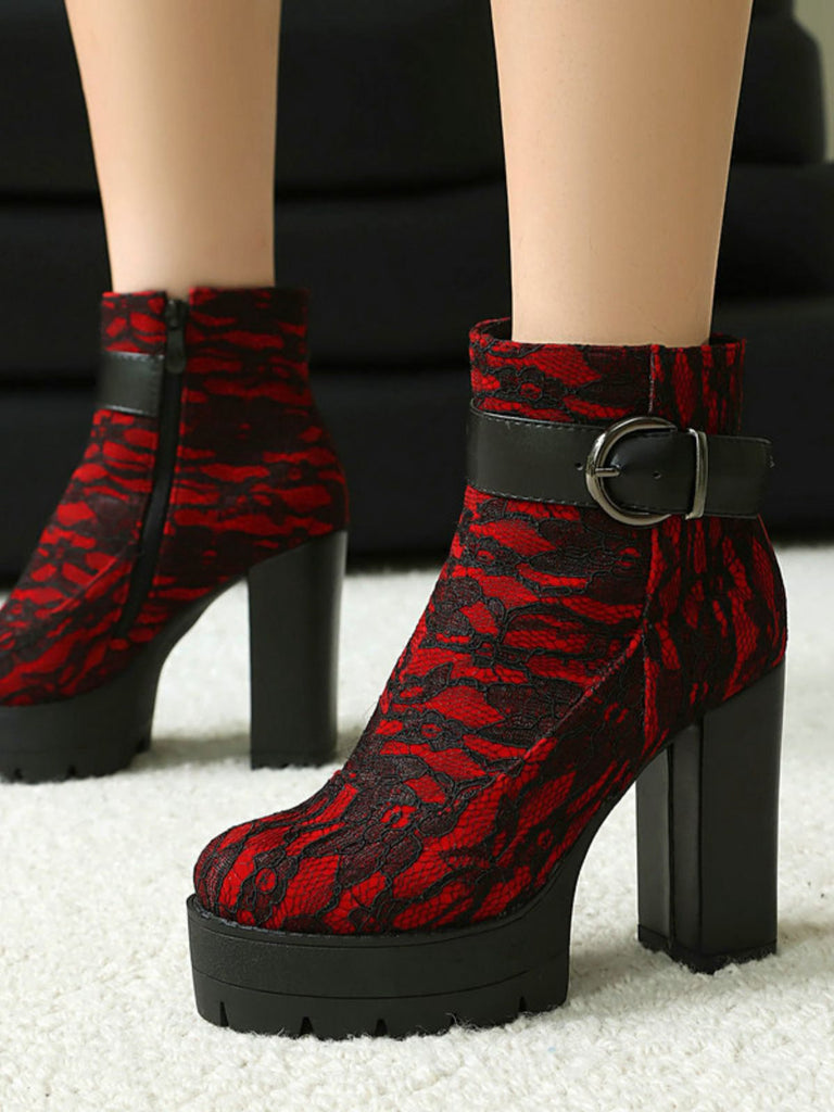 Vintage Lace Chunky Heel Platform Ankle Boots - vintage shoes, retro heels