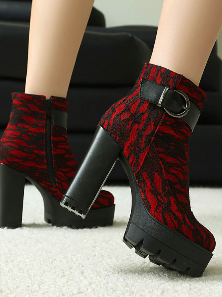 Vintage Lace Chunky Heel Platform Ankle Boots - vintage shoes, retro heels