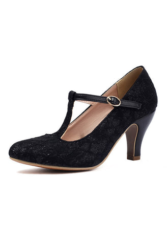 Vintage Lace Patchwork T-Strap Buckle High Heels - vintage shoes, retro heels