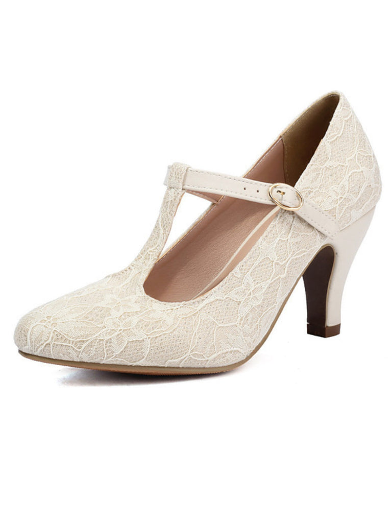 Vintage Lace Patchwork T-Strap Buckle High Heels - vintage shoes, retro heels