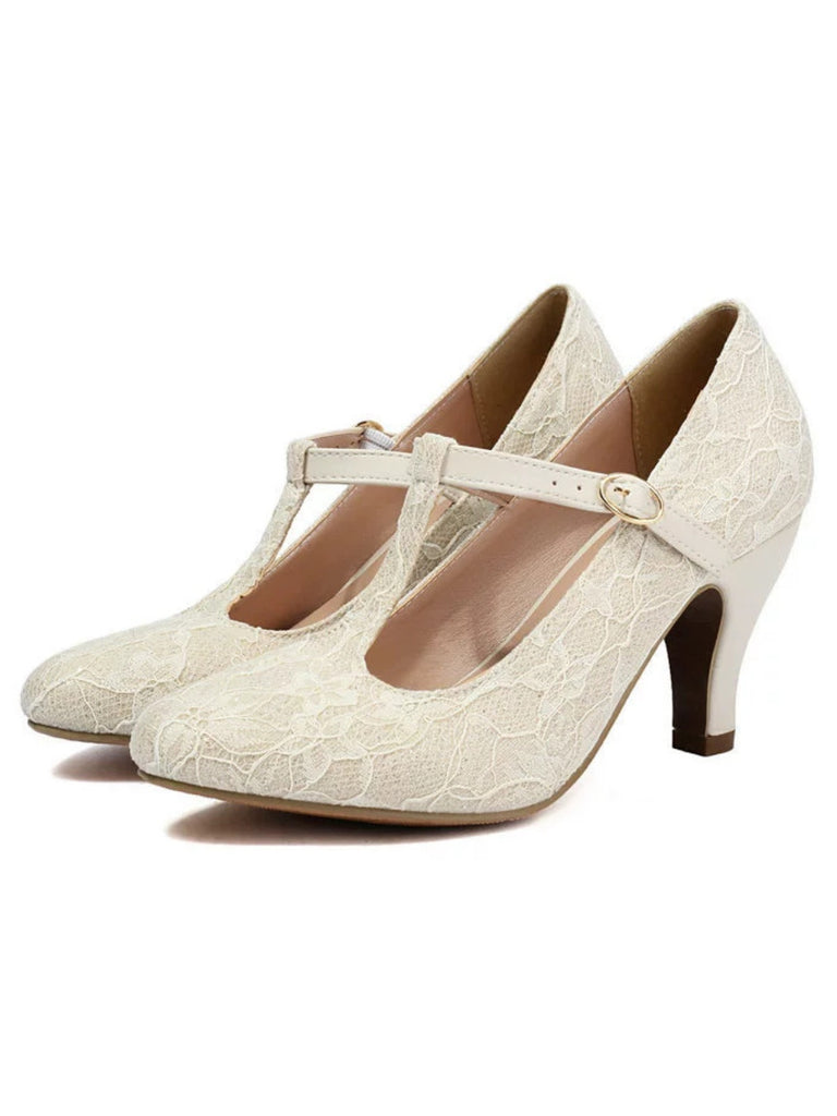 Vintage Lace Patchwork T-Strap Buckle High Heels - vintage shoes, retro heels