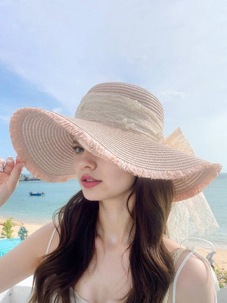 Vintage Lace Ribbon Wide-Brim Sun Hat - vintage fashion, retro style