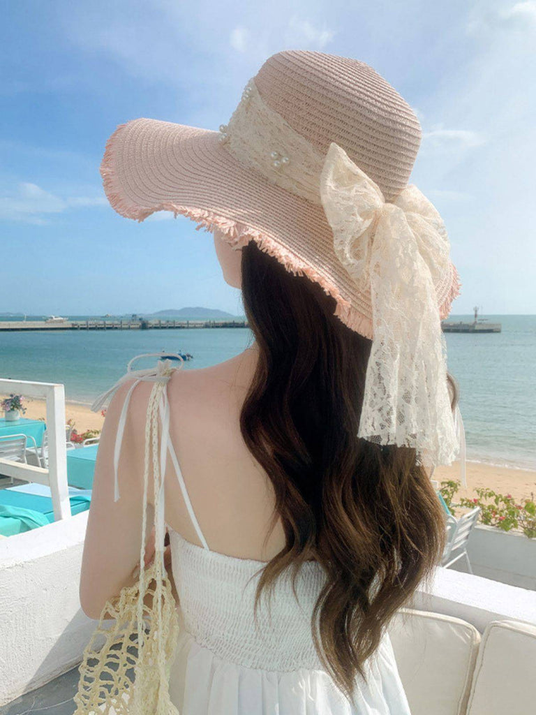Vintage Lace Ribbon Wide-Brim Sun Hat - vintage fashion, retro style