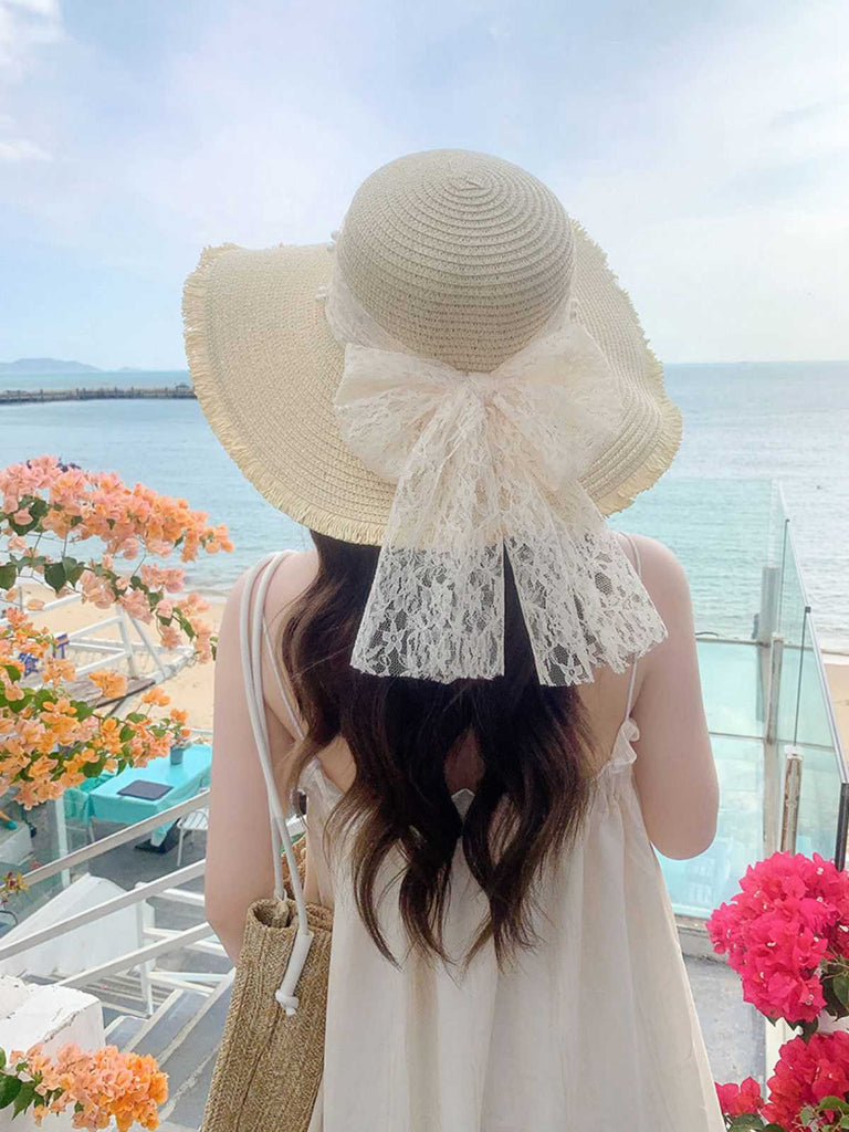 Vintage Lace Ribbon Wide-Brim Sun Hat - vintage fashion, retro style