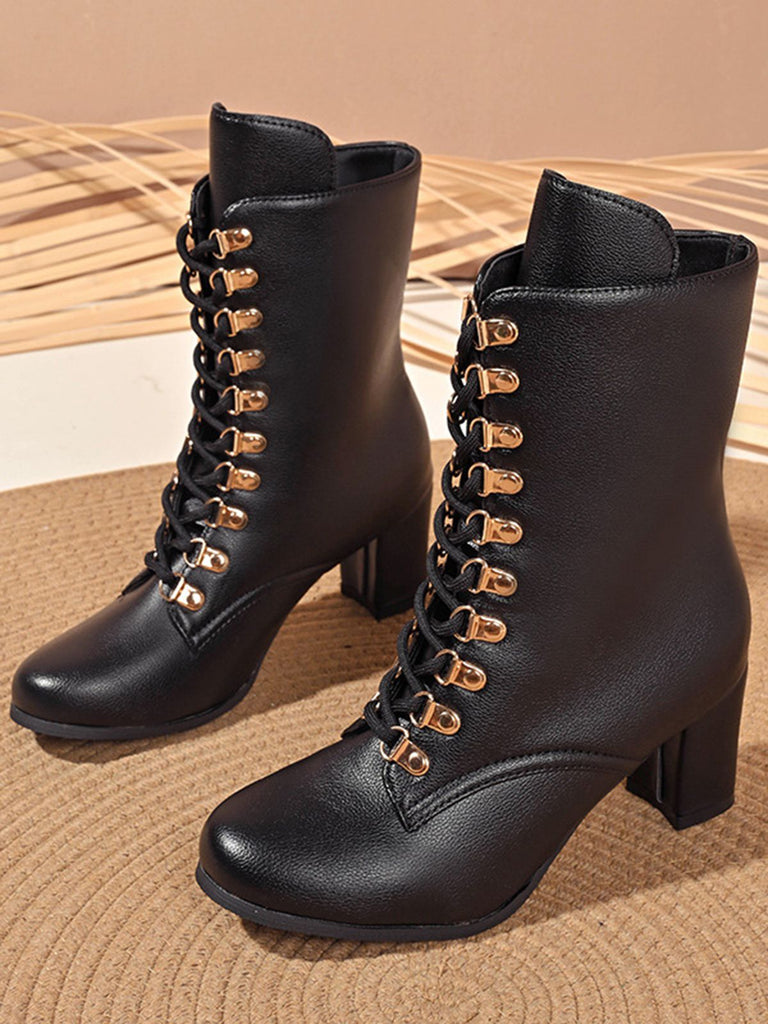 This Vintage Lace-Up Ankle Chunky Heel Boots whispers 1950s secrets to those who notice