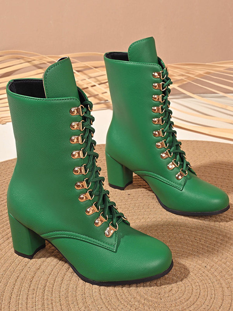 She finds her 1950s story in this Vintage Lace-Up Ankle Chunky Heel Boots
