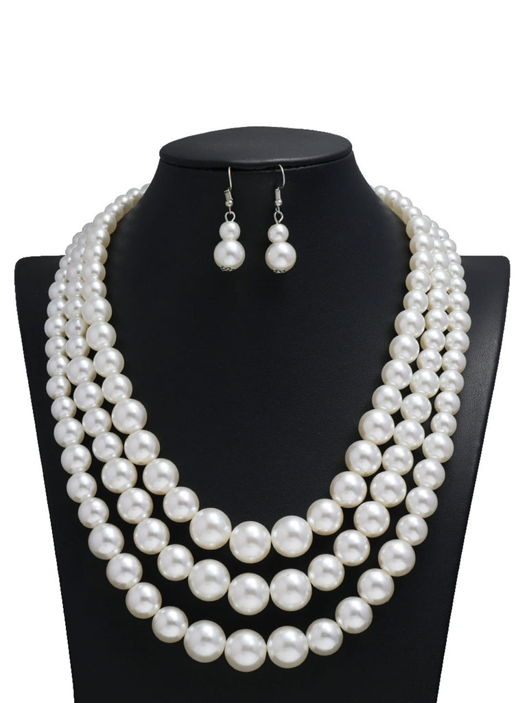 Vintage Layered Pearl Necklace & Earring Set - vintage fashion, retro style, elegant red