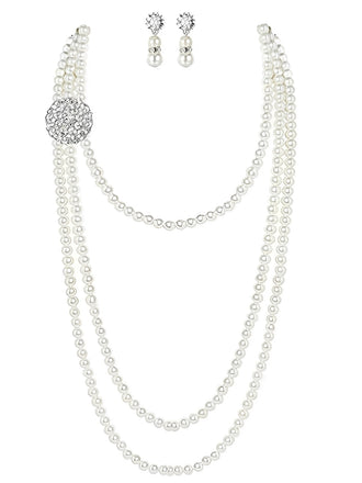 Vintage Layered Pearl Necklace & Earrings Set - vintage fashion, retro style, elegant red