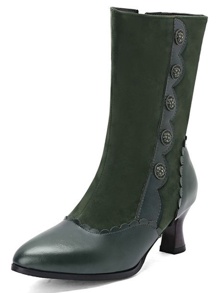 Vintage Leather Suede Button Mid Calf Boots - vintage fashion, retro style