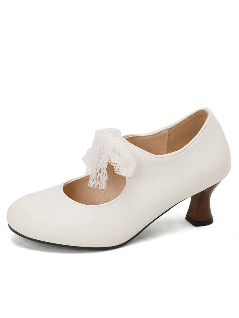 Vintage Mary Jane Lace Bow Heels - vintage shoes, retro heels