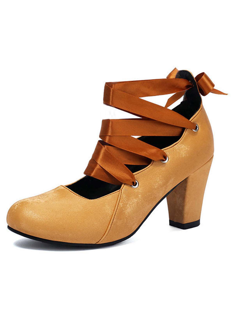 Vintage Mary Jane Ribbon Wrap Up Chunky Heels - vintage shoes, retro heels
