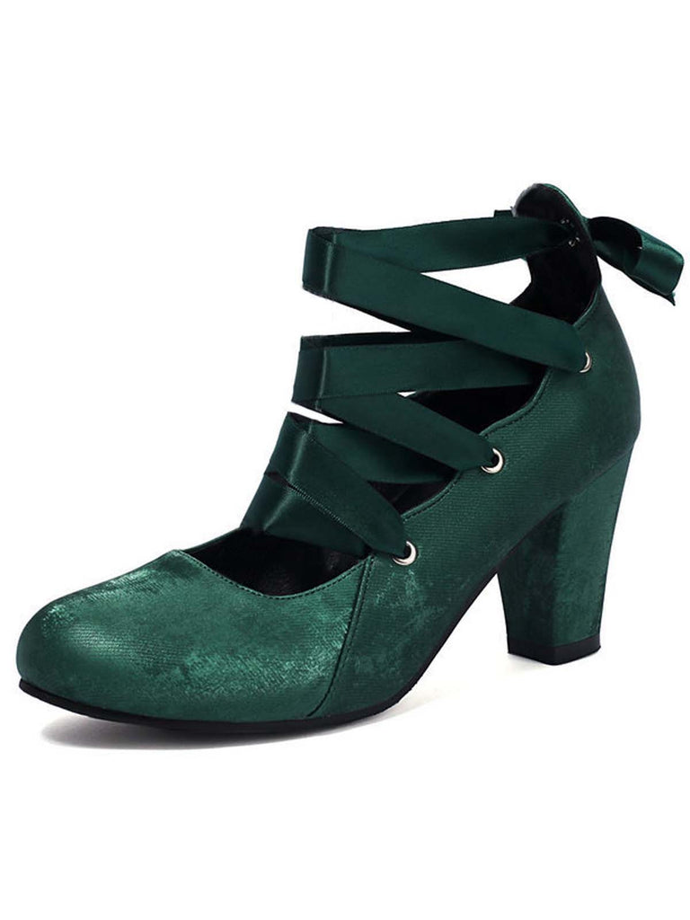 Vintage Mary Jane Ribbon Wrap Up Chunky Heels - vintage shoes, retro heels