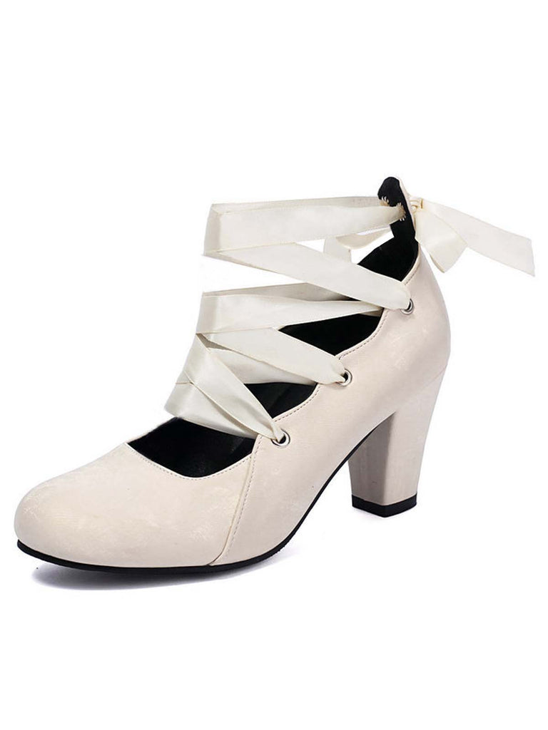 Vintage Mary Jane Ribbon Wrap Up Chunky Heels - vintage shoes, retro heels