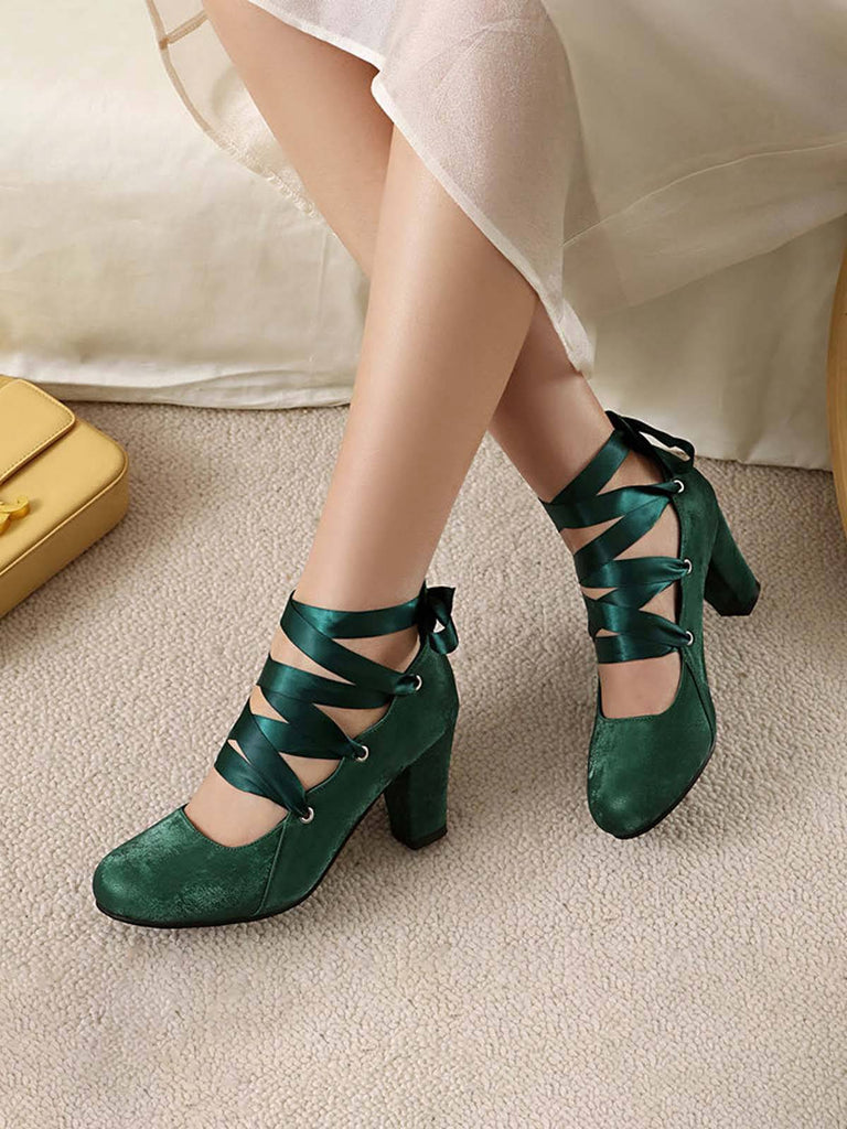 Vintage Mary Jane Ribbon Wrap Up Chunky Heels - vintage shoes, retro heels