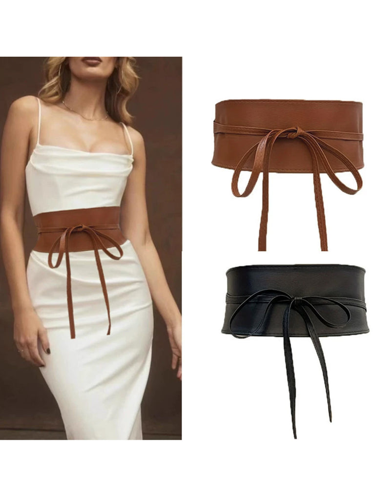 Vintage PU Leather Bow Wide Waistband - vintage fashion, retro style