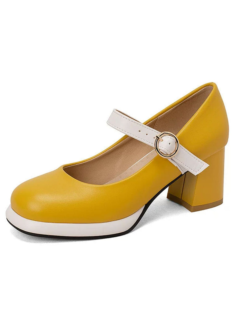 She finds her 1950s story in this Vintage PU Round Toe Mary Janes Chunky Heels