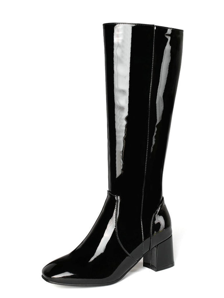 Vintage Patent Leather Block Heel Knee-High Boots - vintage shoes, retro heels