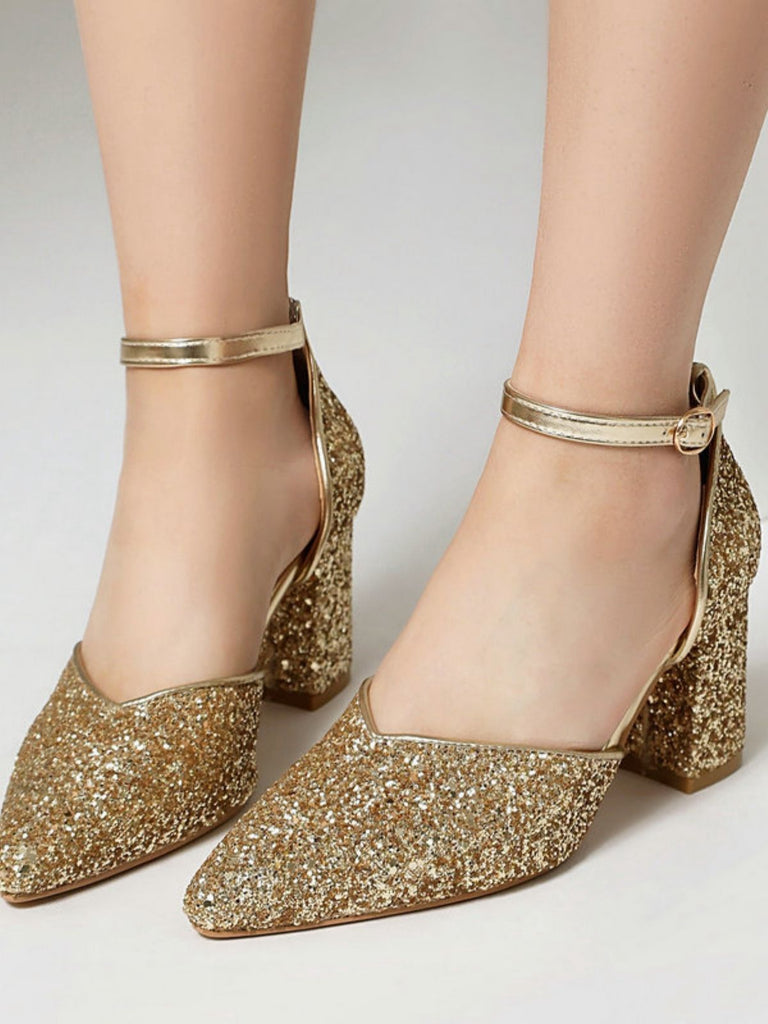 Vintage Pointed Toe Glitter Chunky Heel Pumps - vintage shoes, retro heels