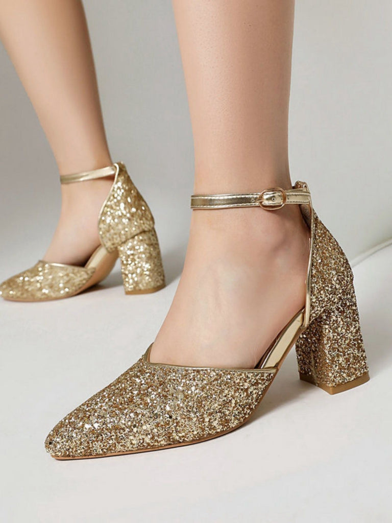 Vintage Pointed Toe Glitter Chunky Heel Pumps - vintage shoes, retro heels