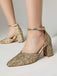 Vintage Pointed Toe Glitter Chunky Heel Pumps - vintage shoes, retro heels