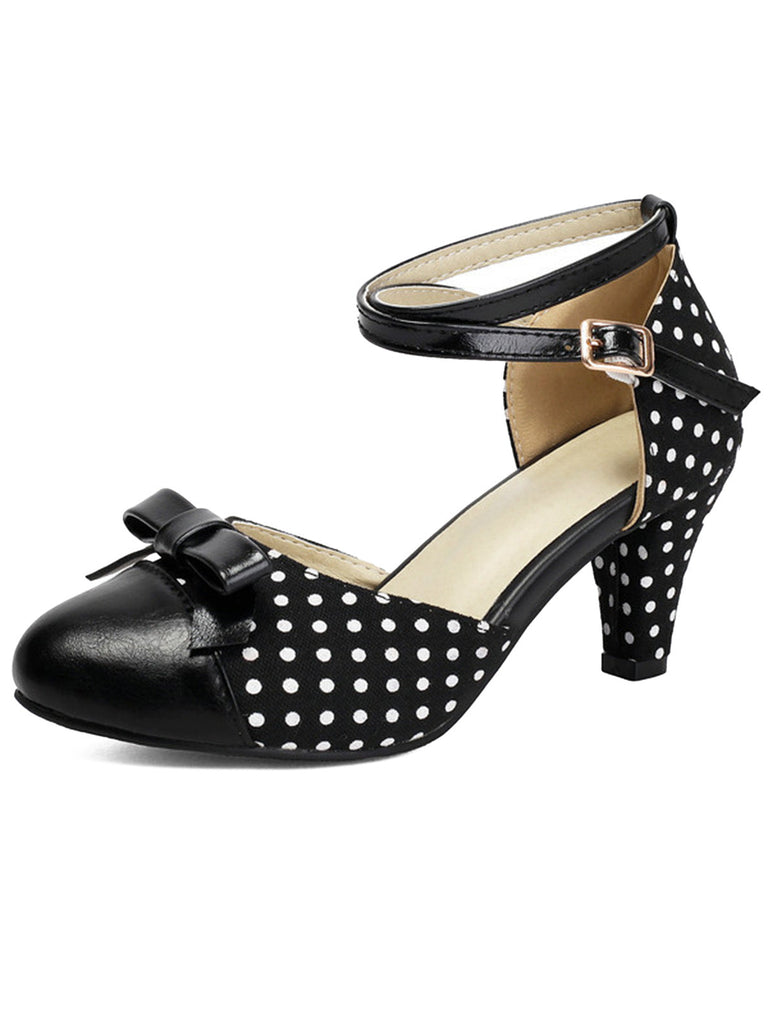 Vintage Pointed Toe Polka Dot Bow Chunky Heels, vintage shoes, retro heels - perfect for women who love vintage and retro fashion