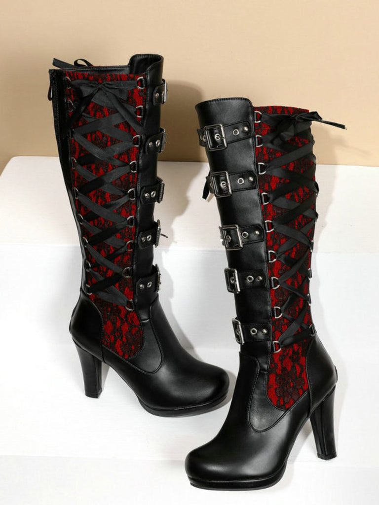 Vintage Punk Lace-Up Lace High Heel Boots - vintage shoes, retro heels