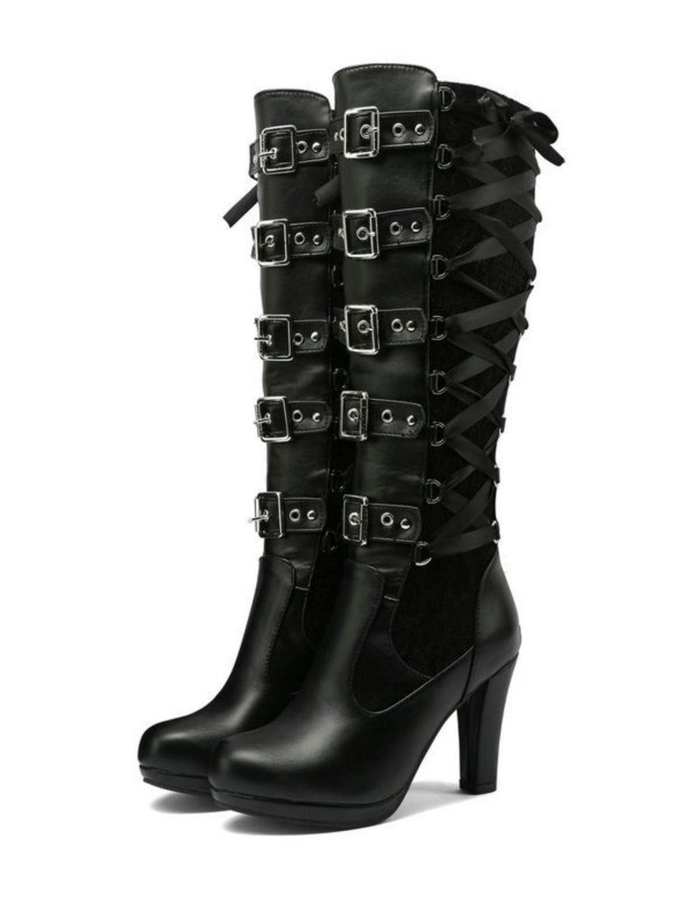 Vintage Punk Lace-Up Lace High Heel Boots - vintage shoes, retro heels