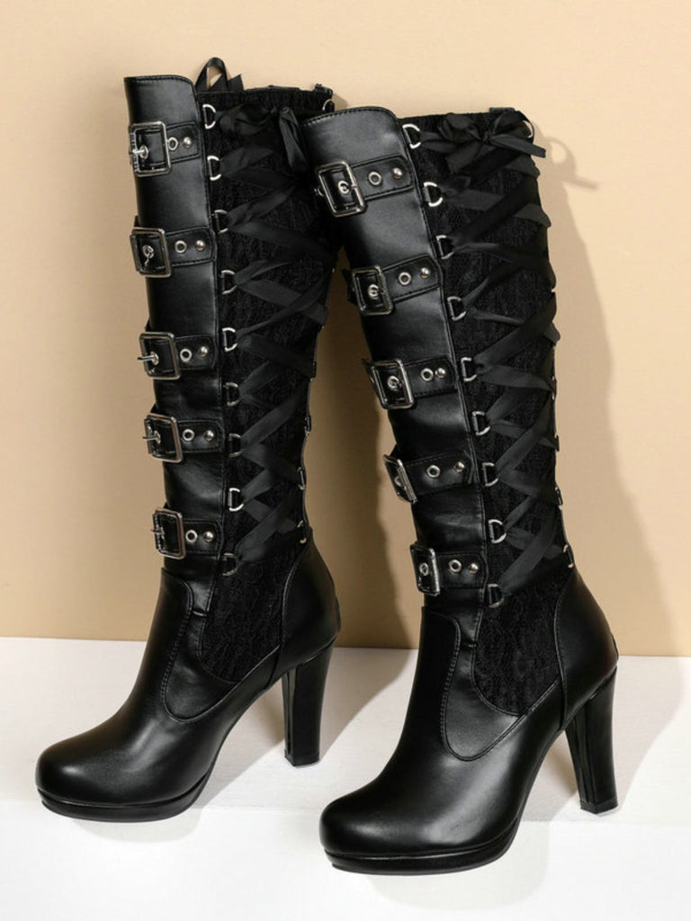 Vintage Punk Lace-Up Lace High Heel Boots - vintage shoes, retro heels