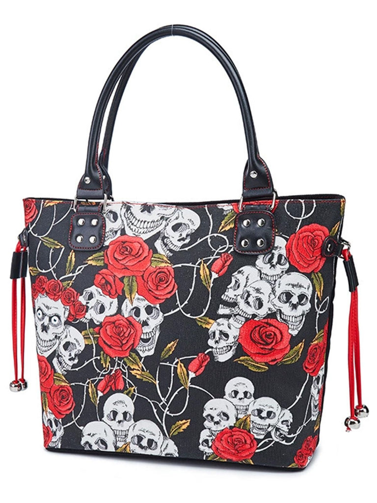Vintage Punk Skull & Rose Print Handbag - vintage fashion, retro style