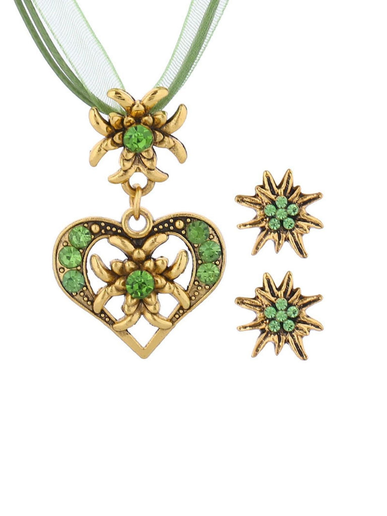 Vintage Rhinestone Edelweiss Heart Ribbon Necklace & Earring Set - vintage fashion, retro style