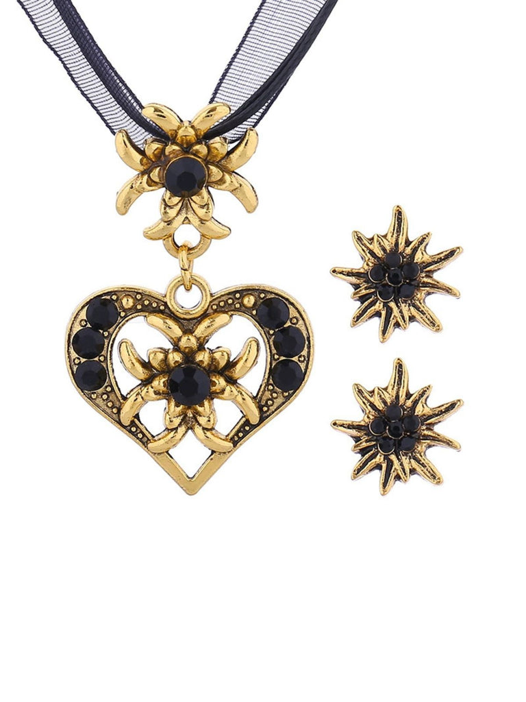 Vintage Rhinestone Edelweiss Heart Ribbon Necklace & Earring Set - vintage fashion, retro style