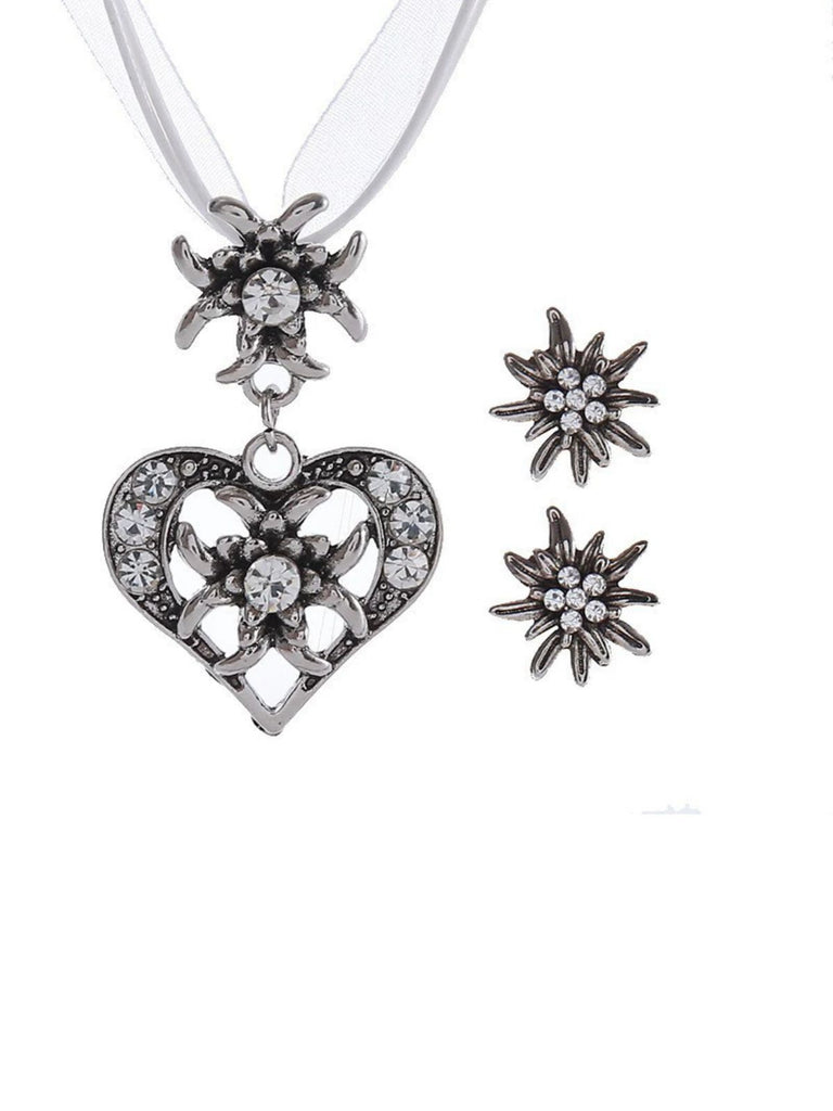 Vintage Rhinestone Edelweiss Heart Ribbon Necklace & Earring Set - vintage fashion, retro style