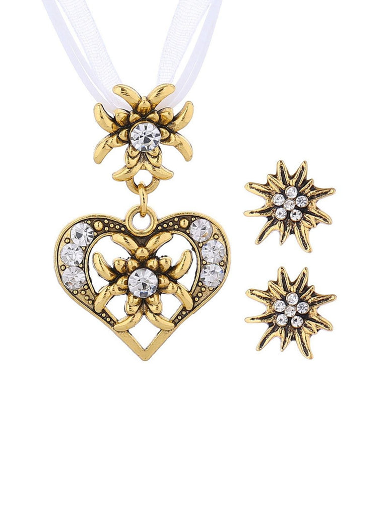 Vintage Rhinestone Edelweiss Heart Ribbon Necklace & Earring Set - vintage fashion, retro style