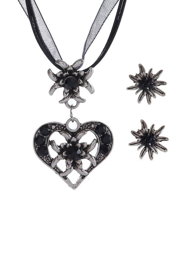 Vintage Rhinestone Edelweiss Heart Ribbon Necklace & Earring Set - vintage fashion, retro style