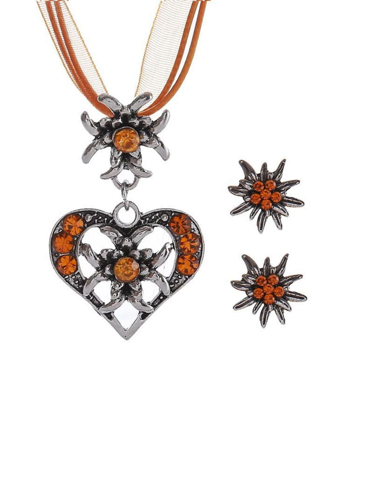 Vintage Rhinestone Edelweiss Heart Ribbon Necklace & Earring Set - vintage fashion, retro style