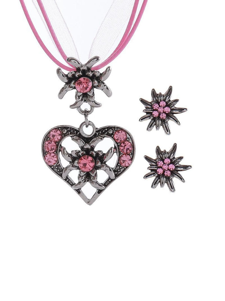 Vintage Rhinestone Edelweiss Heart Ribbon Necklace & Earring Set - vintage fashion, retro style