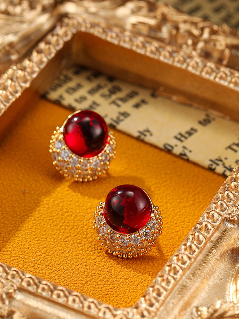 Vintage Rhinestone Ruby Alloy Stud Earrings — 1950s elegance in the palm of her hand
