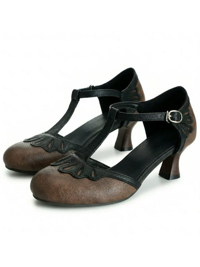 Vintage Round-Toe T-Strap Chunky Heels - vintage fashion, retro style, classic elegance for vintage lovers