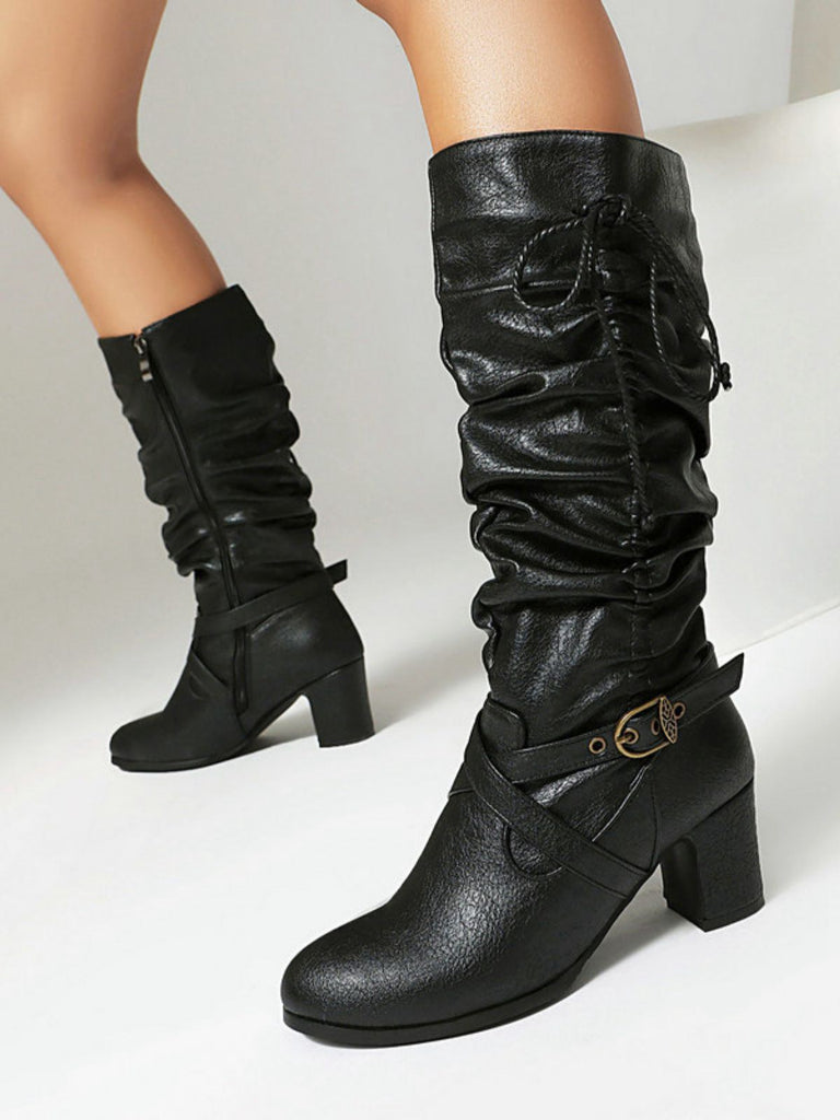 Vintage Solid Buckle Ruched Chunky Heels Boots - vintage shoes, retro heels