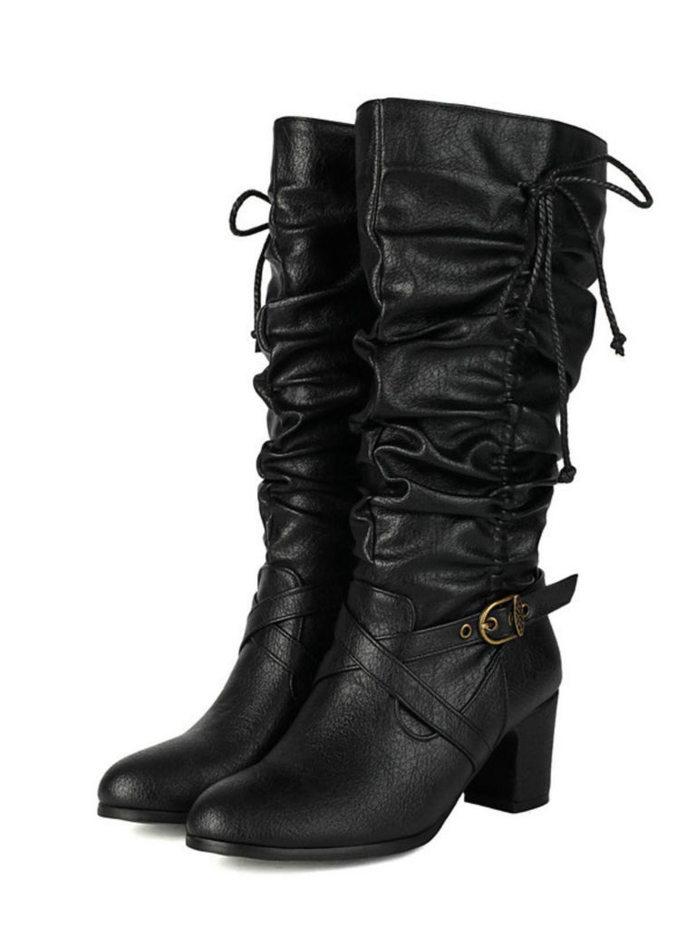 Vintage Solid Buckle Ruched Chunky Heels Boots - vintage shoes, retro heels