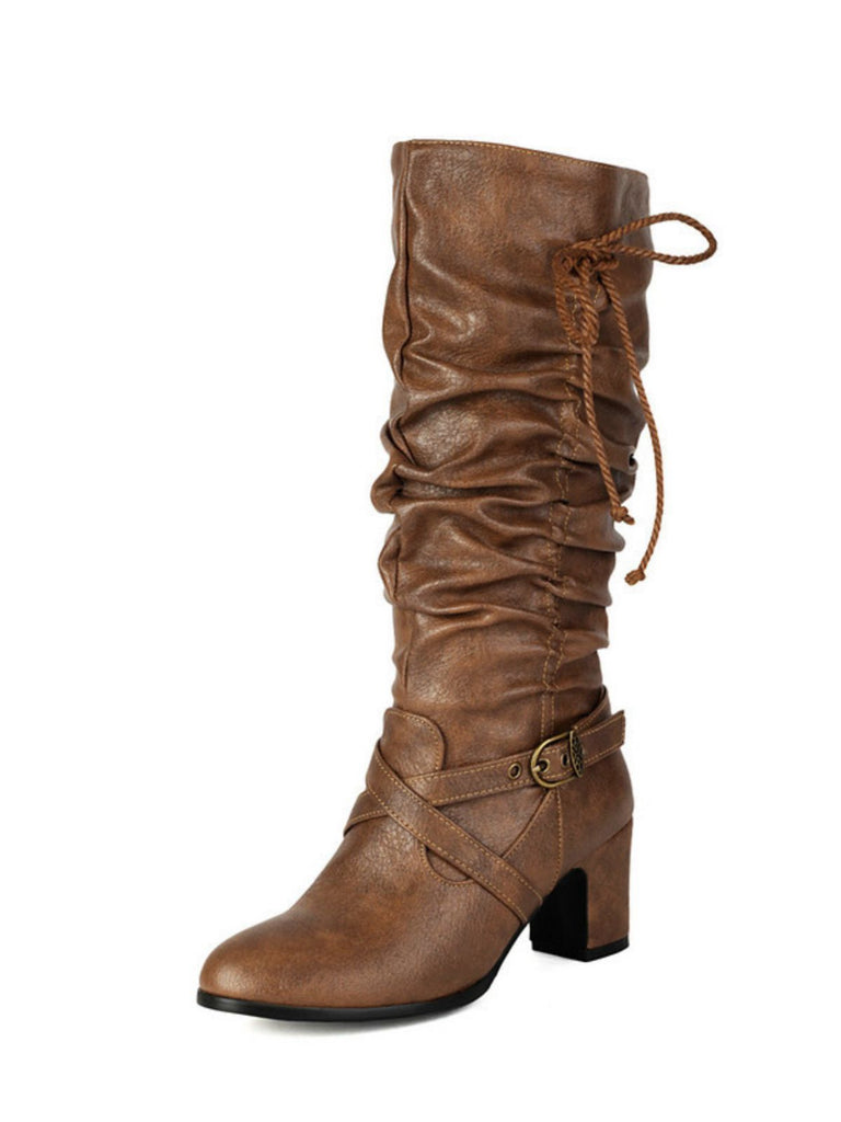 Vintage Solid Buckle Ruched Chunky Heels Boots - vintage shoes, retro heels
