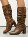Vintage Solid Buckle Ruched Chunky Heels Boots - vintage shoes, retro heels