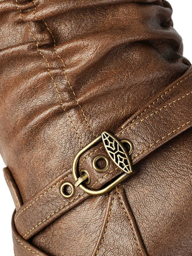 Vintage Solid Buckle Ruched Chunky Heels Boots - vintage shoes, retro heels