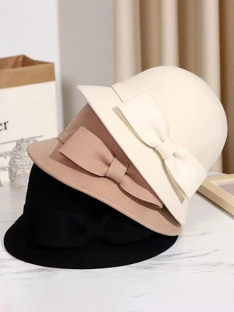 Vintage Solid Faux Wool Bowknot Cloche Hat - vintage fashion, retro style
