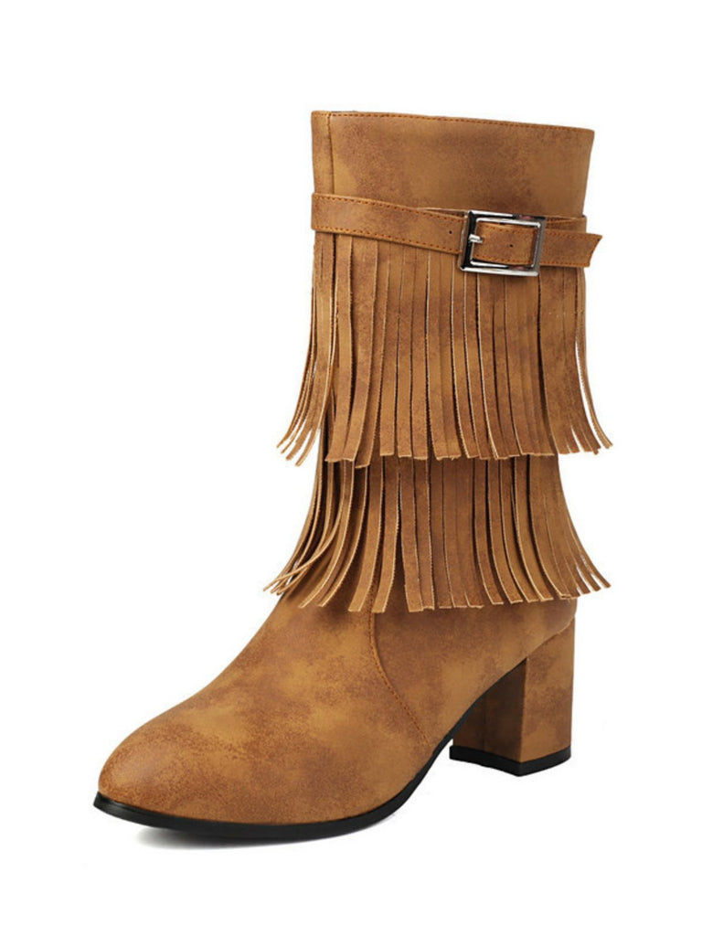 Vintage Solid Fringe Suede Chunky High Heel Boots - vintage shoes, retro heels