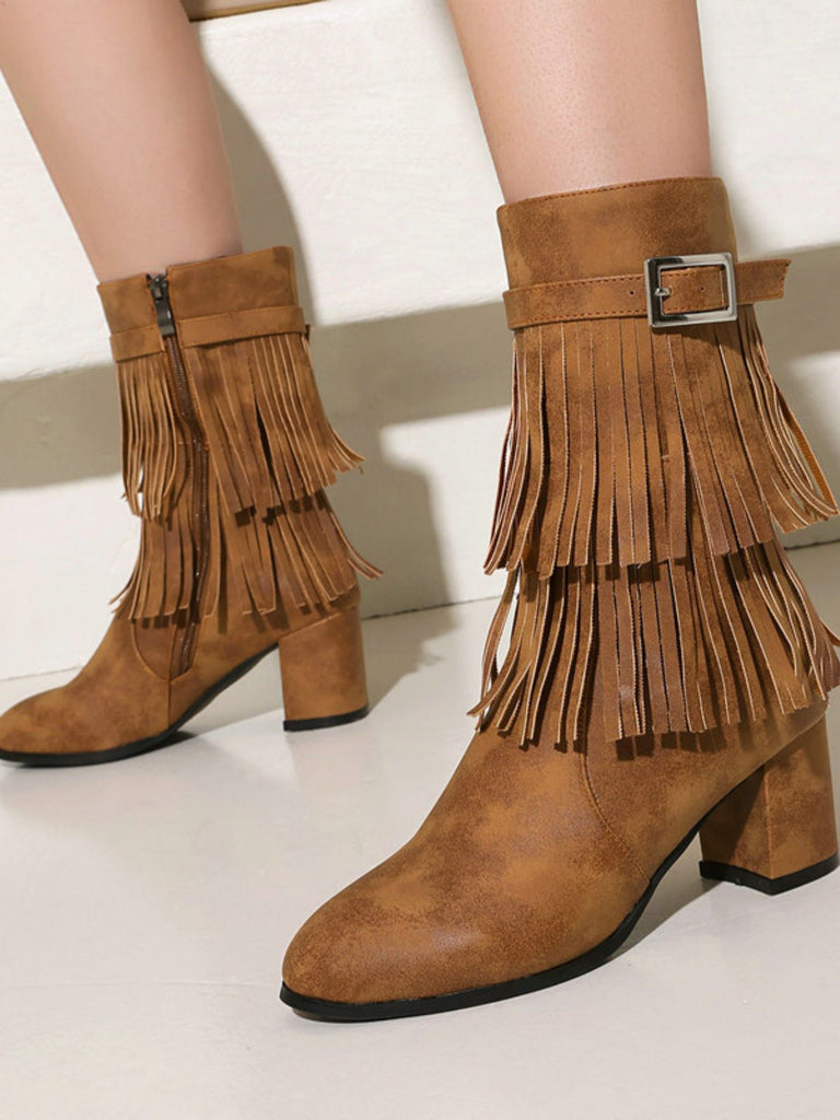 Vintage Solid Fringe Suede Chunky High Heel Boots - vintage shoes, retro heels