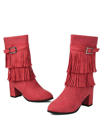 Vintage Solid Fringe Suede Chunky High Heel Boots - vintage shoes, retro heels