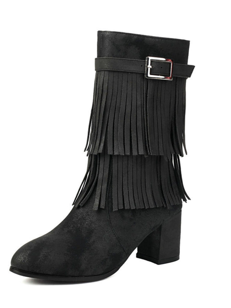 Vintage Solid Fringe Suede Chunky High Heel Boots - vintage shoes, retro heels