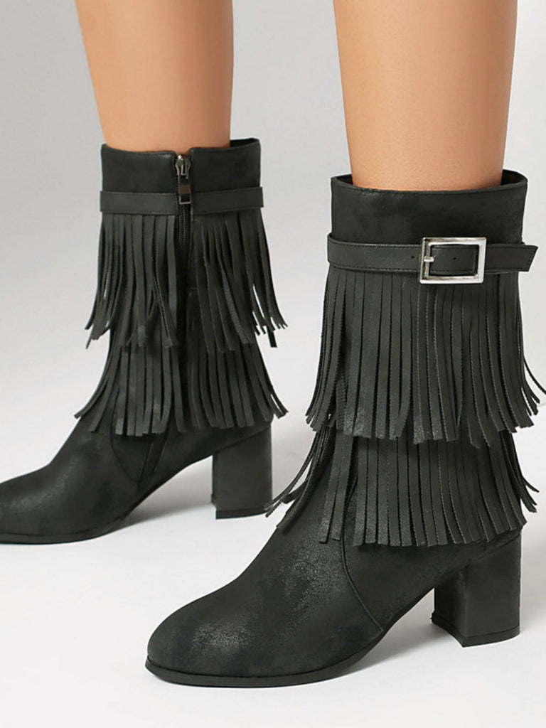 Vintage Solid Fringe Suede Chunky High Heel Boots - vintage shoes, retro heels